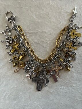 Multi Cross Charm Bracelet Silver and Gold Tone